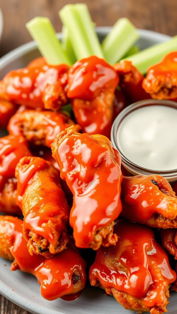 A plate of Buffalo wings drizzled with hot sauce, surrounded by celery sticks and a small bowl of ranch dressing.