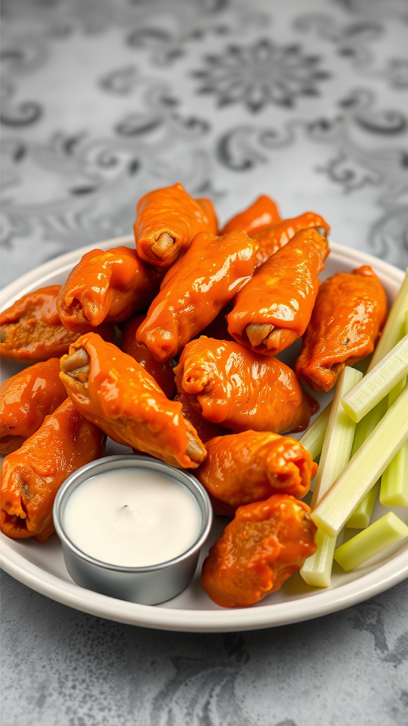 A plate of buffalo wings with a side of ranch dressing and celery sticks.