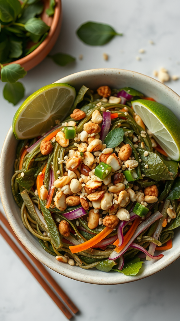 A bowl of Burmese Tea Leaf Salad with colorful vegetables and peanuts topped with lime wedges