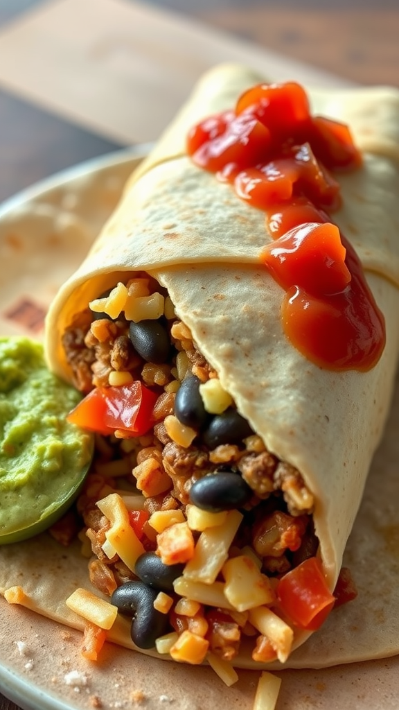 A delicious burrito filled with meat, black beans, and vegetables, topped with salsa and served with guacamole.
