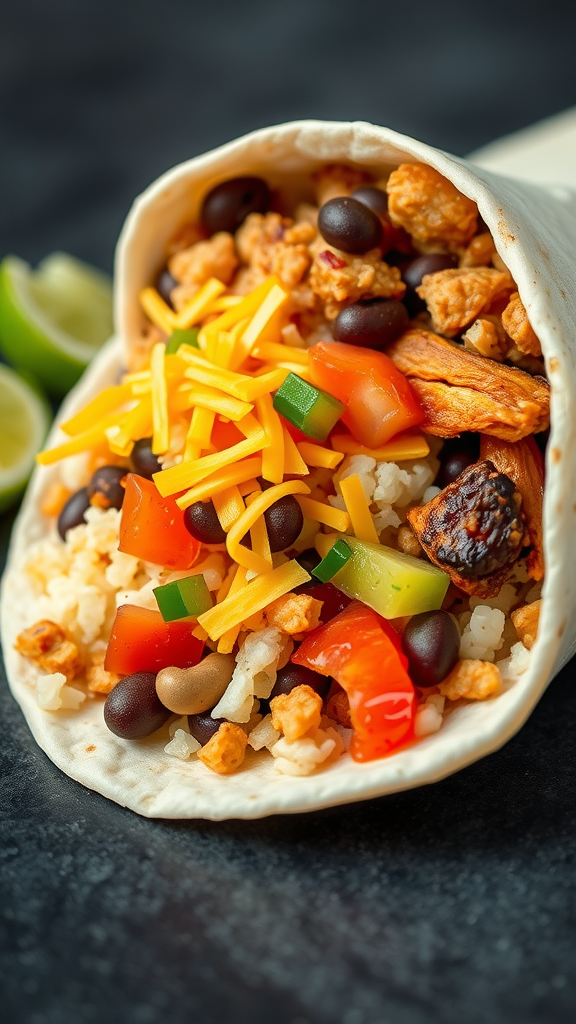A close-up of a delicious burrito filled with chicken, black beans, cheese, and colorful vegetables.