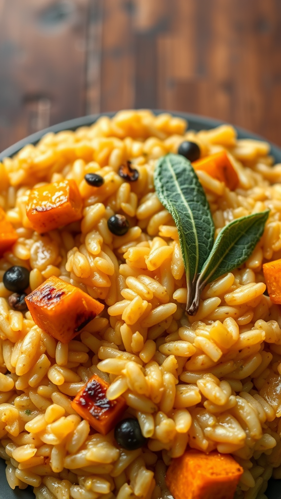 A close-up of creamy butternut squash risotto garnished with sage leaves and roasted squash pieces.