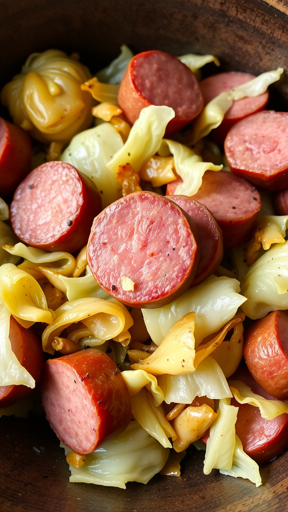 A wooden bowl filled with cooked cabbage and slices of sausage.