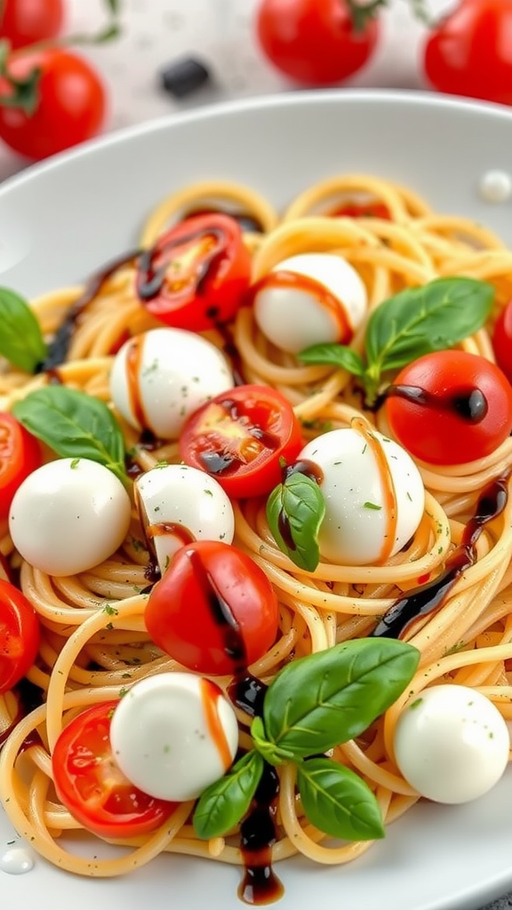 A plate of Caprese Pasta with cherry tomatoes, mozzarella balls, and fresh basil.