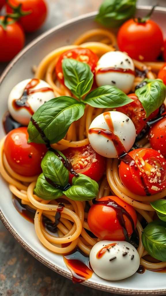 A vibrant bowl of Caprese pasta featuring cherry tomatoes, mozzarella balls, and fresh basil