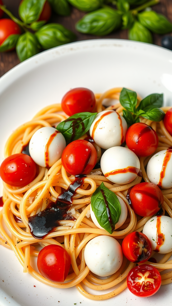 A plate of Caprese Pasta with cherry tomatoes, mozzarella balls, and fresh basil