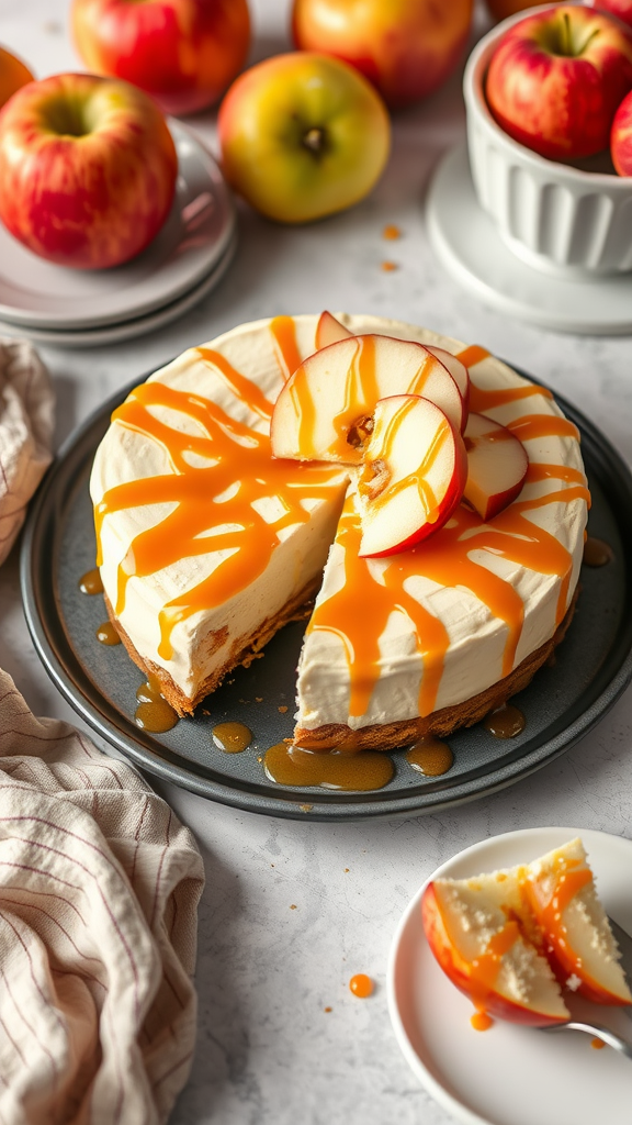 A caramel apple cheesecake with slices on a plate, topped with caramel sauce and fresh apple slices, surrounded by apples.