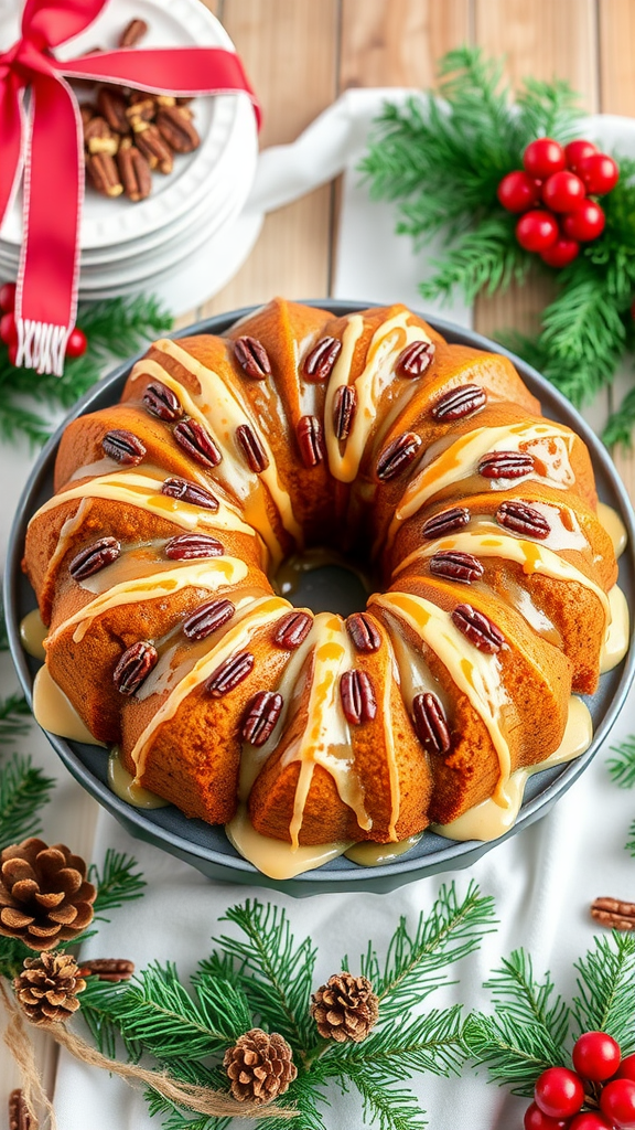 A beautifully presented caramel pecan monkey bread topped with caramel drizzle and pecans, surrounded by festive decor.