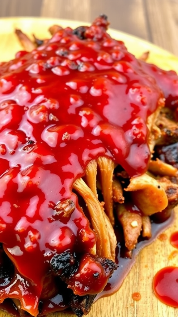 A close-up of pulled pork covered in red barbecue sauce on a wooden plate.