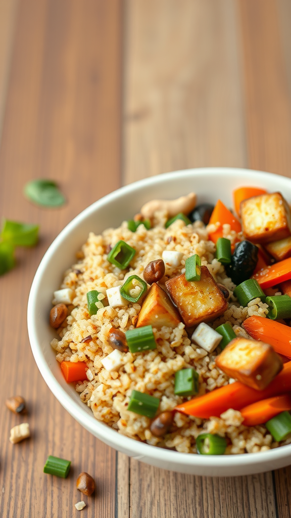 A colorful grain bowl featuring tofu, vegetables, and cashews.