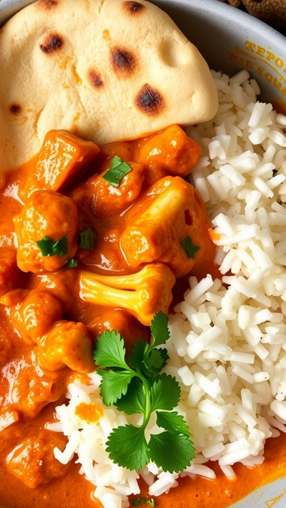 A delicious bowl of cauliflower tikka masala served with rice and naan.