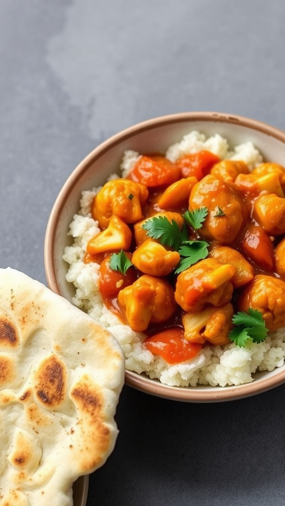 A bowl of Cauliflower Tikka Masala served with rice and naan.
