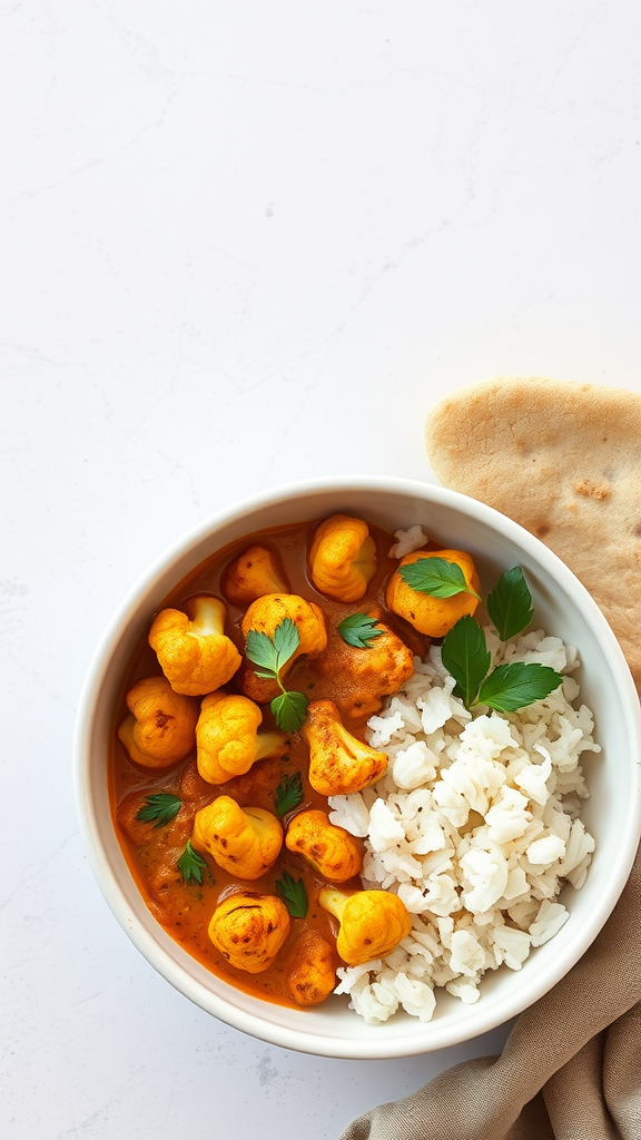 Bowl of Cauliflower Tikka Masala with rice and bread on the side