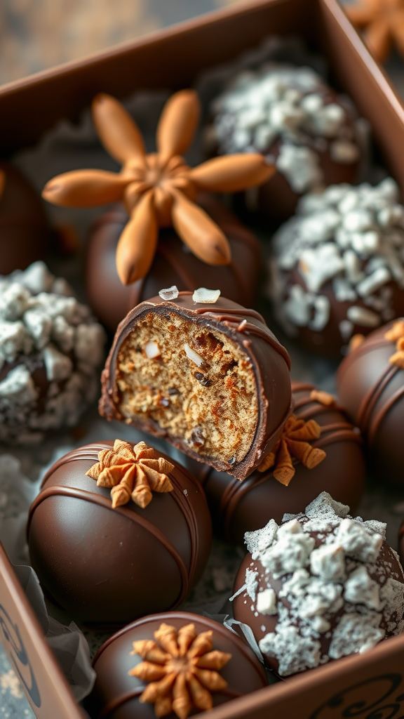 A box of chai-spiced cookie dough truffles, featuring chocolate-coated truffles with a decorative star anise and snowy toppings.