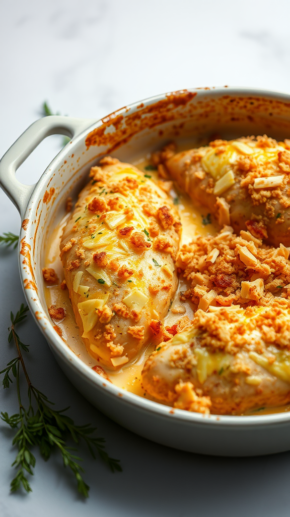 A delicious cheese chicken casserole in a baking dish, topped with a golden crunch and surrounded by fresh herbs.