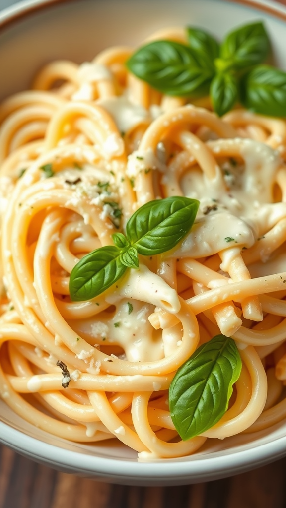 A bowl of creamy cheese pasta garnished with fresh basil leaves.