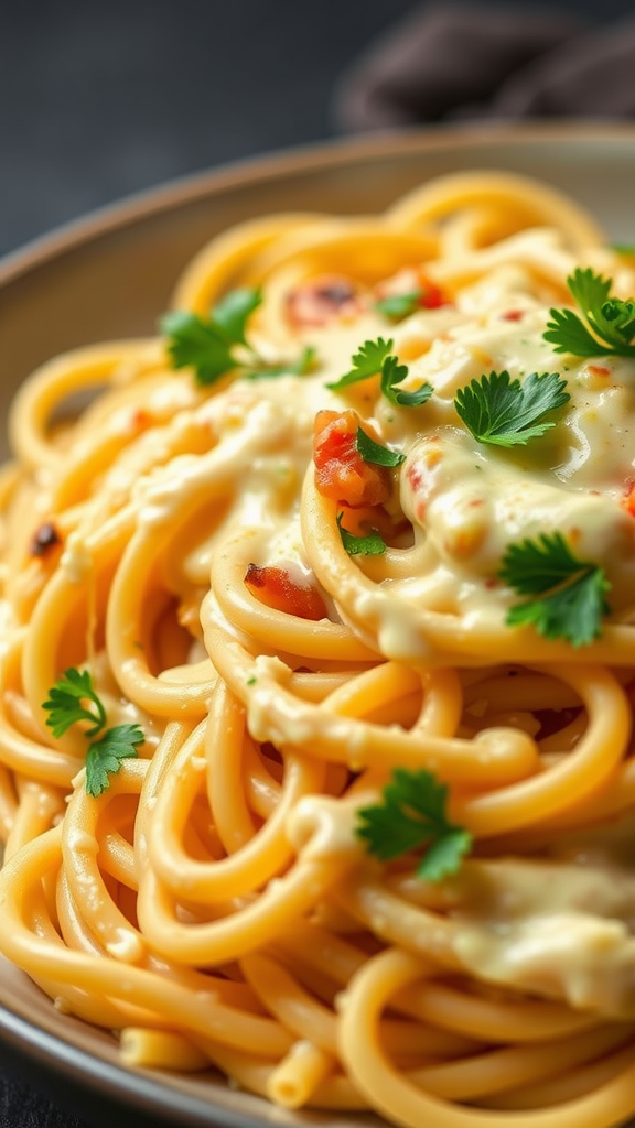 A close-up of creamy cheese pasta garnished with cilantro