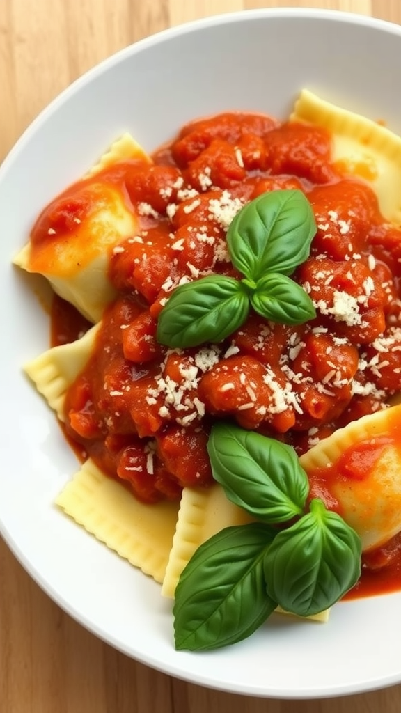 A plate of cheese ravioli topped with marinara sauce, garnished with fresh basil.