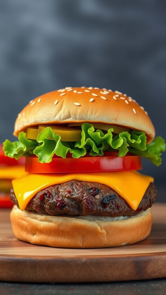 A delicious cheeseburger with lettuce, tomato, pickles, and cheddar cheese on a sesame seed bun.