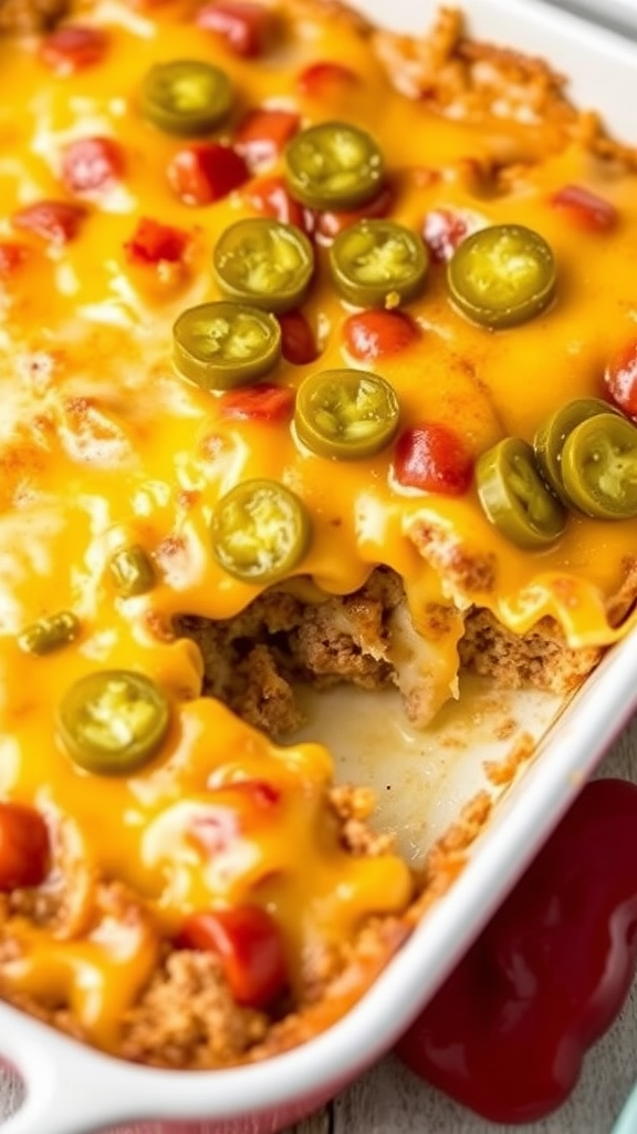 A close-up view of a cheeseburger casserole topped with melted cheese, diced tomatoes, and jalapeños.