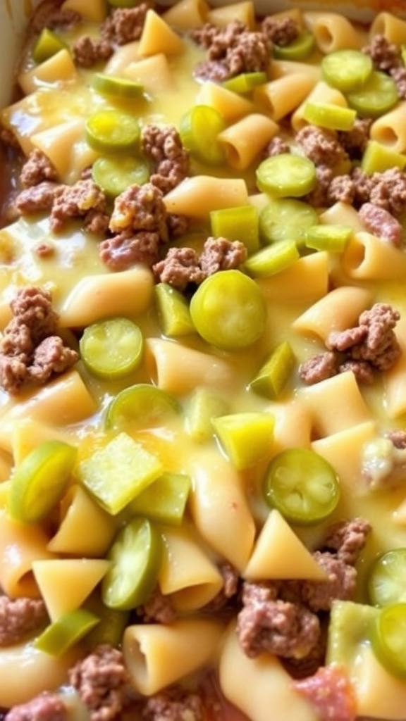 A close-up view of cheeseburger casserole with pasta, ground beef, pickles, and cheese.