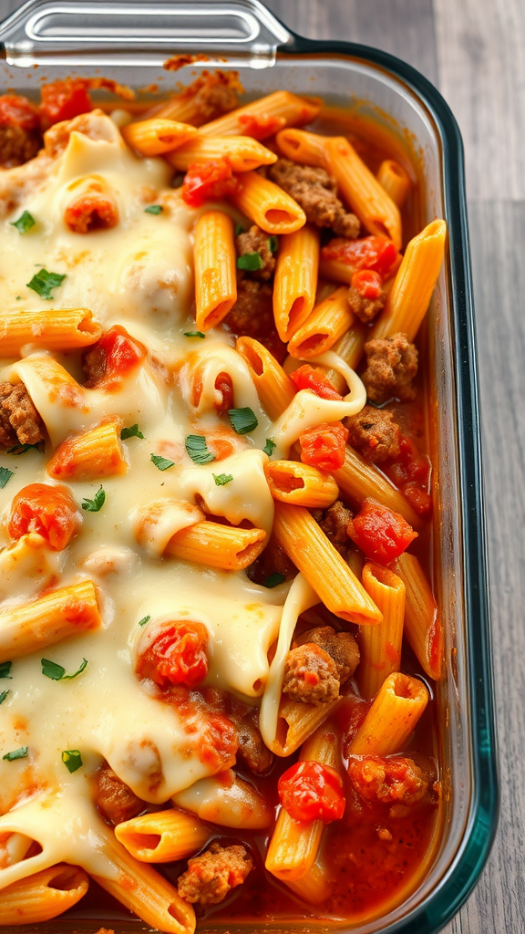 A cheesy cheeseburger casserole with pasta, meat, and tomato sauce