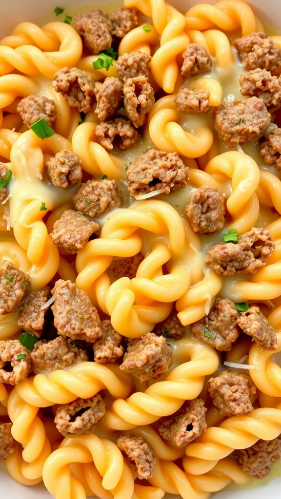 A bowl of cheesy pasta with ground beef on top