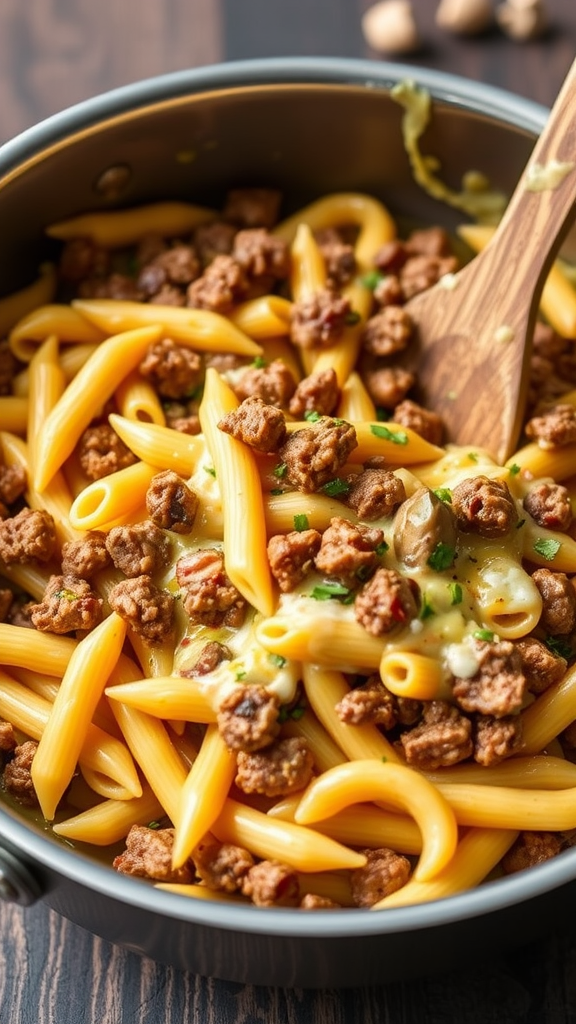 A pot of cheeseburger pasta with pasta, ground beef, and cheese