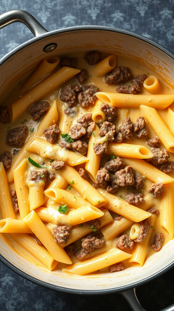 A pot of cheeseburger pasta with creamy sauce and ground beef.