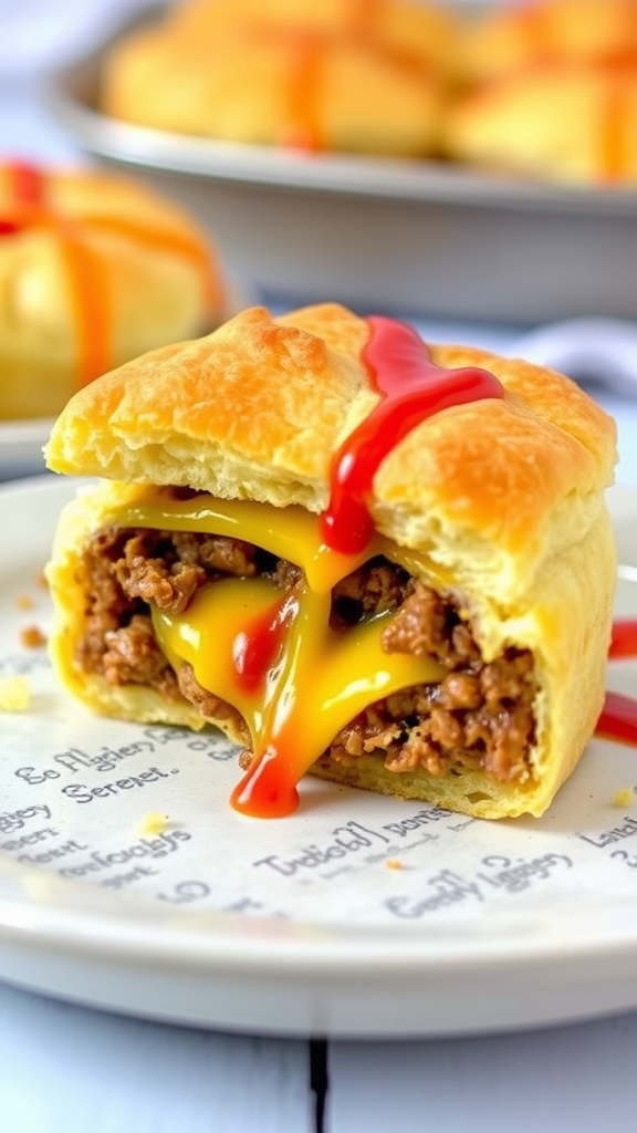 Close-up of a cheeseburger pie with melted cheese and ketchup