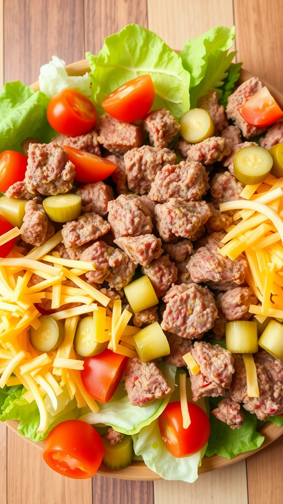 A colorful Cheeseburger Salad with ground beef, cheese, tomatoes, pickles, and lettuce.