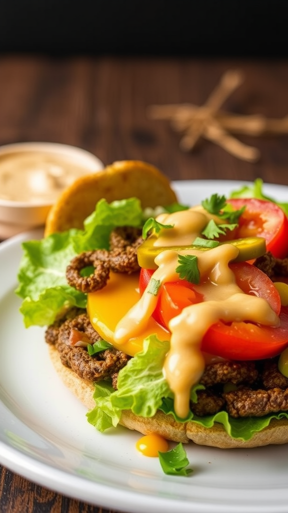 A delicious cheeseburger salad topped with lettuce, tomatoes, cheese, and a creamy dressing on a plate.