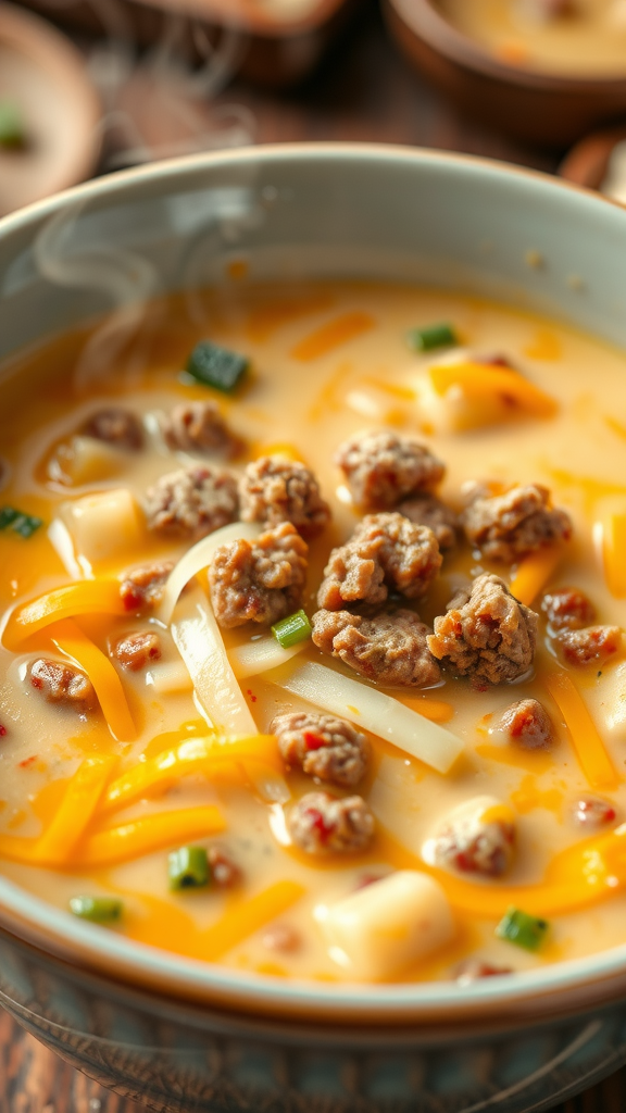 A bowl of cheeseburger soup with ground beef, cheese, potatoes, and green onions