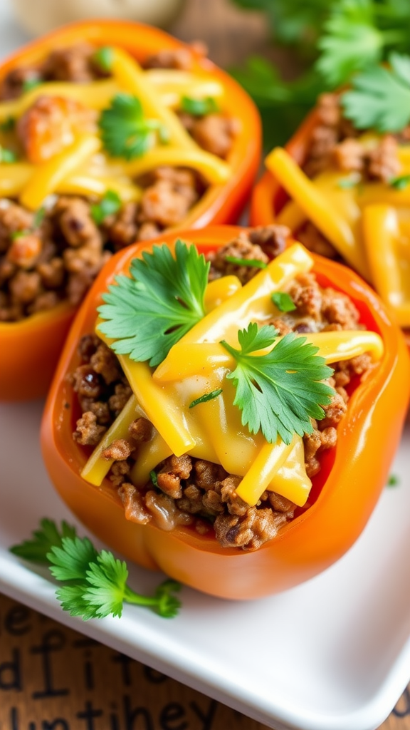 Cheeseburger stuffed bell peppers topped with cheese and cilantro