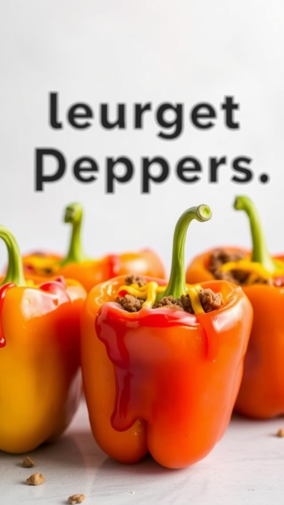 Cheeseburger stuffed bell peppers filled with ground beef and topped with ketchup and mustard