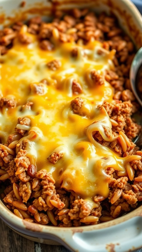 A cheesy ground beef and rice casserole, bubbling with melted cheese on top.