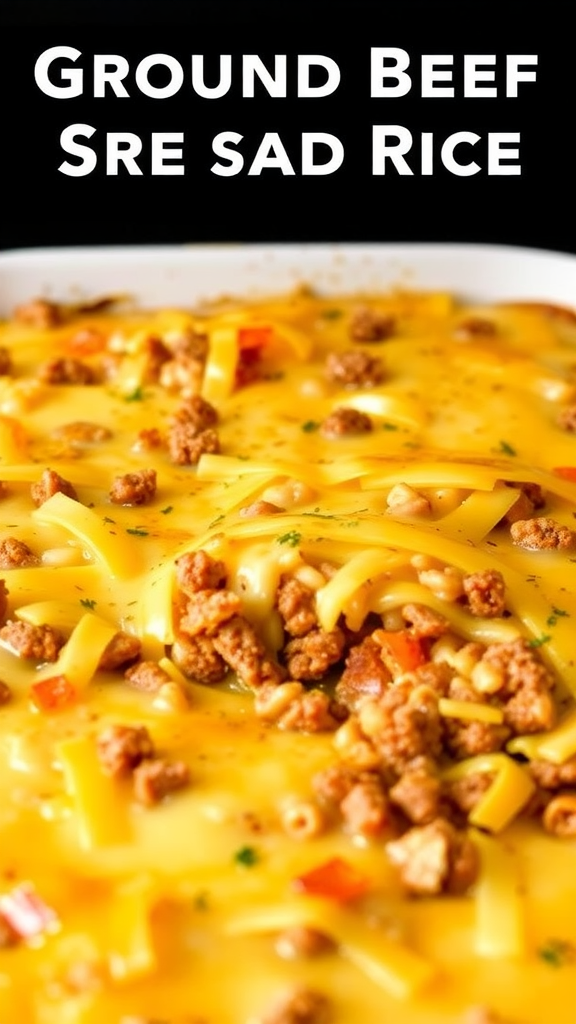 A close up of cheesy ground beef and rice casserole, topped with melted cheese.