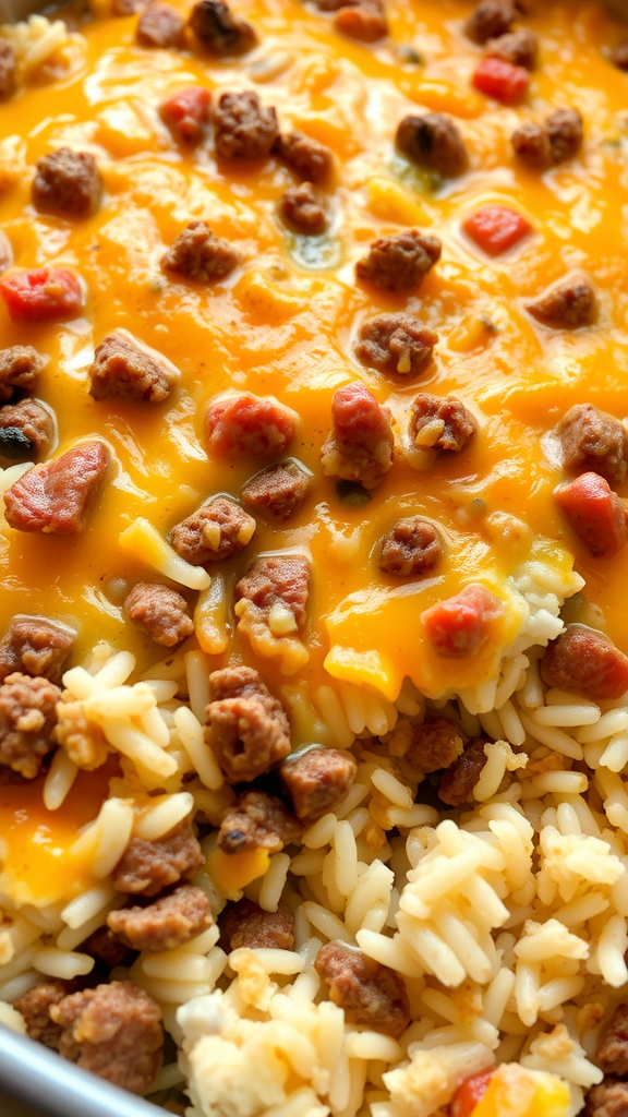 A close-up of cheesy ground beef and rice casserole, showing melted cheese on top and chunks of beef.