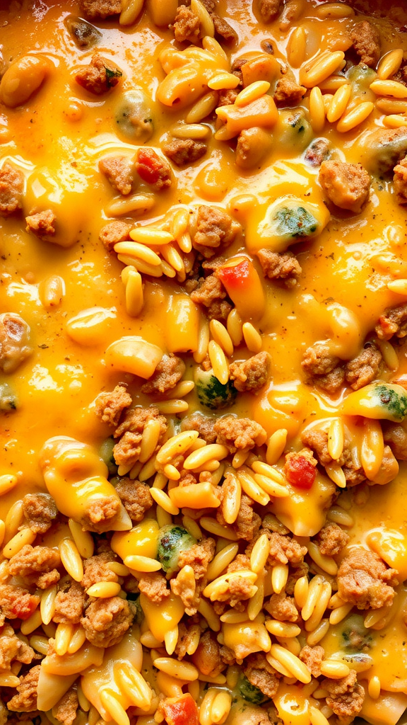 A close-up of Cheesy Ground Beef and Rice Casserole with melted cheese, ground beef, and rice.