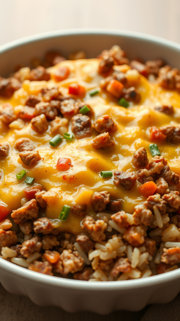 A delicious cheesy ground beef and rice casserole topped with melted cheese and colorful vegetables.
