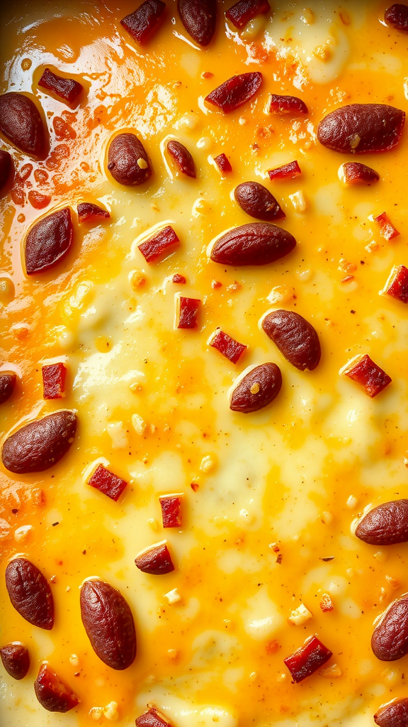 Cheesy potato casserole with melted cheese and kidney beans on top