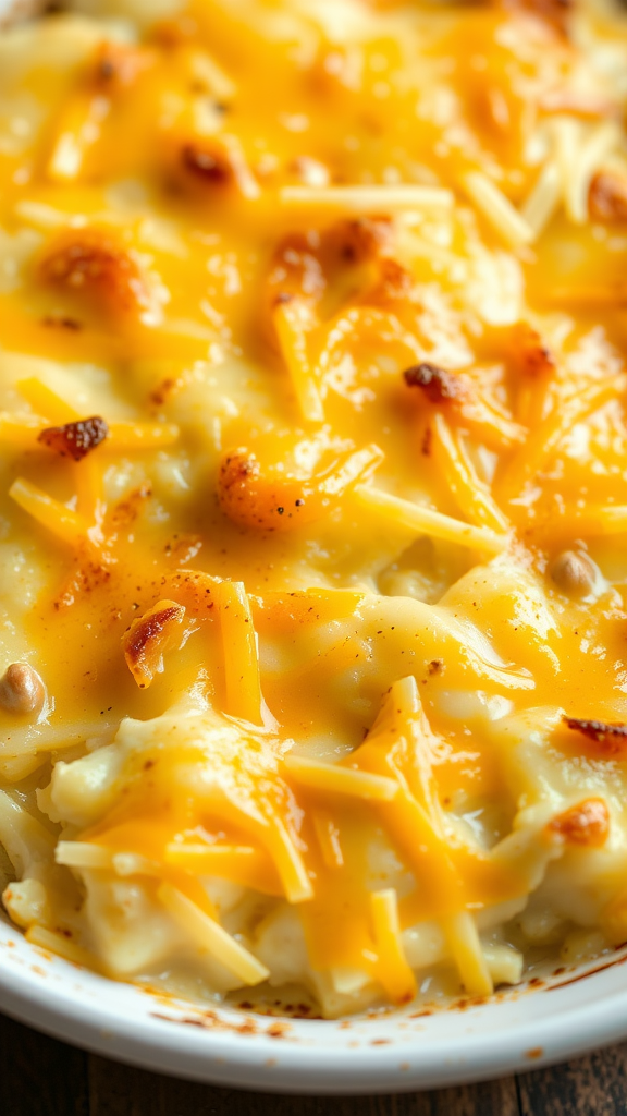 A close-up of cheesy potato casserole with melted cheese on top