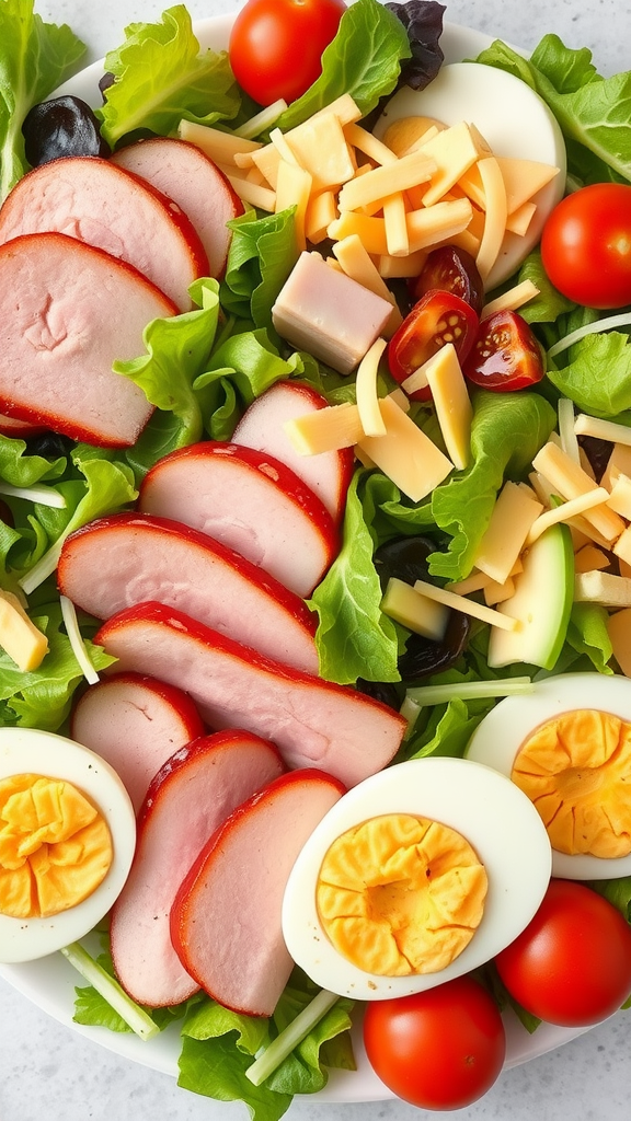 A colorful chef salad with sliced turkey, ham, hard-boiled eggs, cheese, and cherry tomatoes over a bed of greens.