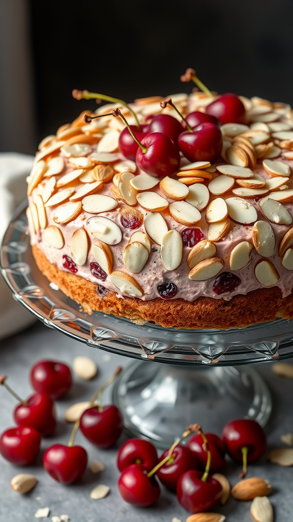 A beautifully decorated Cherry Almond No Bake Cake topped with fresh cherries and sliced almonds.