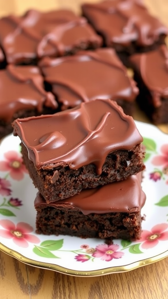 A plate of chestnut flour brownies topped with chocolate icing, served on a floral-patterned plate.