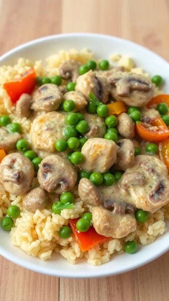 A plate of Chicken à la King with rice, green peas, mushrooms, and bell peppers.