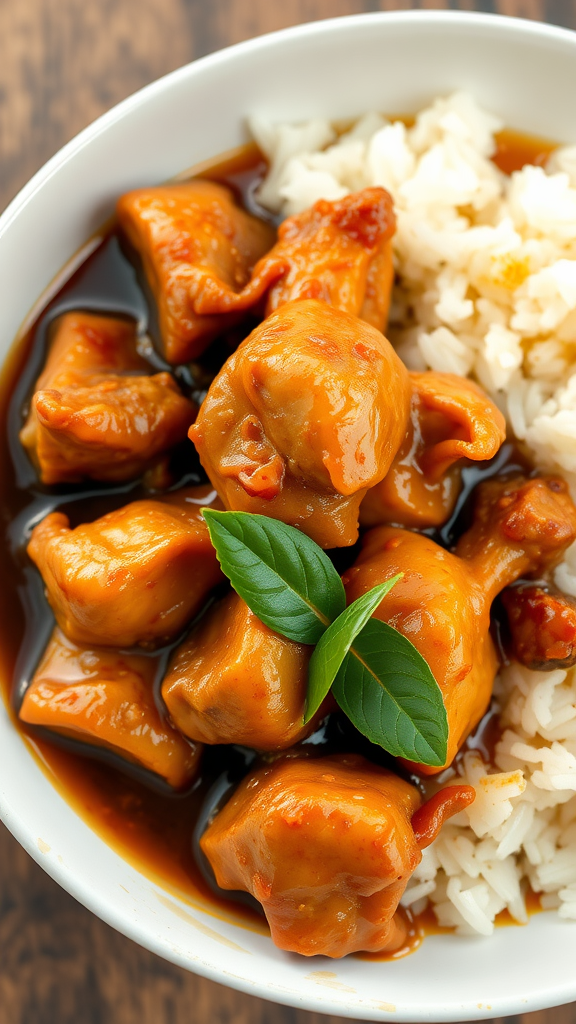 A bowl of Chicken Adobo served with rice, garnished with fresh herbs.