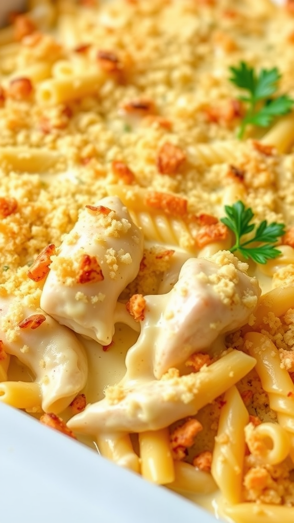 A close-up of a creamy Chicken Alfredo Bake with pasta and crispy topping.