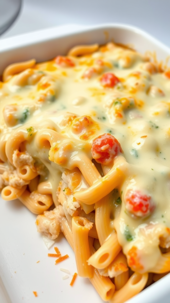 A delicious Chicken Alfredo Bake with pasta, chicken, and melted cheese.