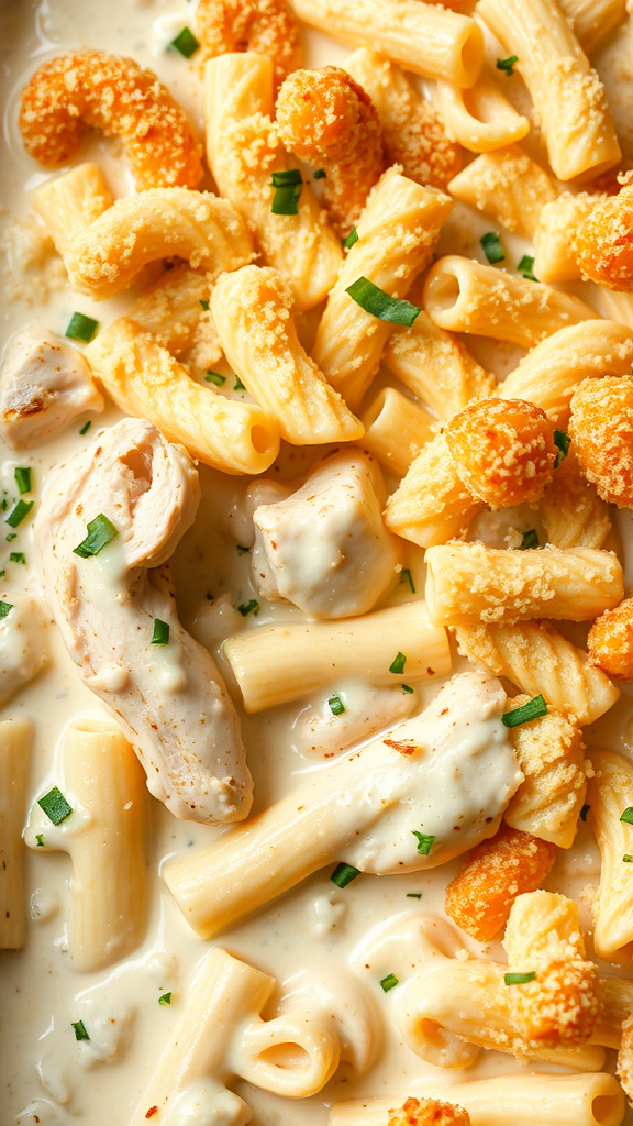 A close-up view of Chicken Alfredo Bake with pasta, chicken, and crispy topping.
